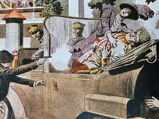 Francesco Ferdinando con la moglie nel momento dell’attentato a Sarajevo in una stampa d’epoca