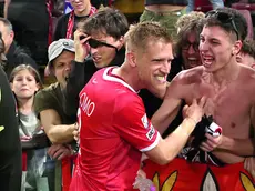 La grinta di Malomo dopo il gol dell’1-1 ai playoff contro la Giana nel maggio del 2024 (Lasorte)