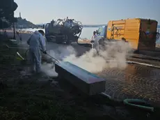 Le operazioni di pulizia sulle panchine a Barcola (Foto Lasorte)