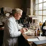 Alexander Fleming, lo scienziato che scoprì gli antibiotici, in laboratorio in un’immagine creata dall’AI