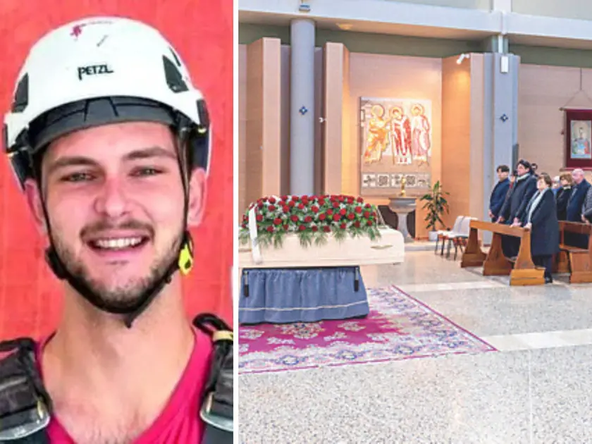 Un sorridente Tommaso Enzo Andreuzza e un momento dei suoi funerali