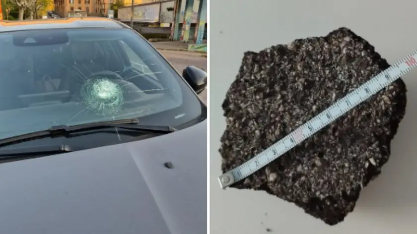 Il sasso sulla destra lanciato dal cavalcavia; a sinistra una delle automobili colpite