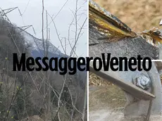 Il traliccio in bilico tra la boscaglia a Terzo di Tolmezzo e, a destra, i segni del danneggiamento foto Petrussi