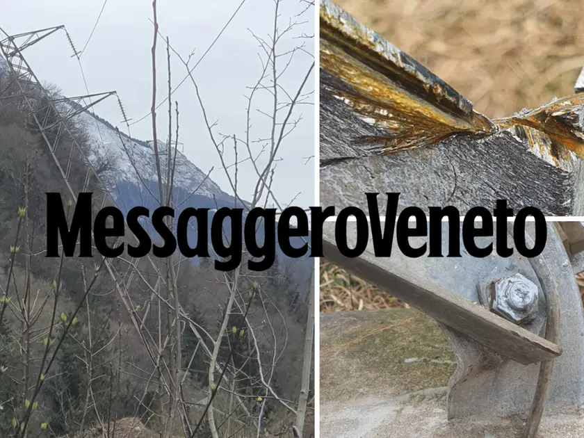Il traliccio in bilico tra la boscaglia a Terzo di Tolmezzo e, a destra, i segni del danneggiamento foto Petrussi