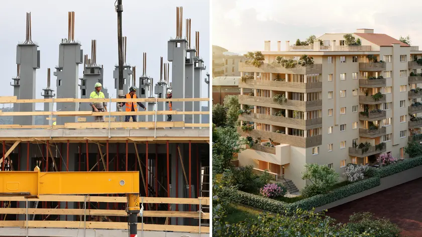 A sinistra il cantiere in corso (fotoservizio Andrea Lasorte), a destra il rendering del progetto all’ex Maddalena