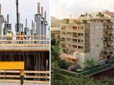 A sinistra il cantiere in corso (fotoservizio Andrea Lasorte), a destra il rendering del progetto all’ex Maddalena
