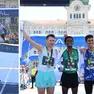 I vincitori della 21k alla Trieste Spring Run 2026. A sinistra la keniana Valentina Jepkoech Rutto, a destra i primi tre arrivati mella categoria maschile: Ademe Cuneo 1h06:1, Maxim Raileanu 1h06:15 e Abdoullah Bamoussa 1h06:23. Foto Lasorte