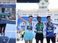 I vincitori della 21k alla Trieste Spring Run 2026. A sinistra la keniana Valentina Jepkoech Rutto, a destra i primi tre arrivati mella categoria maschile: Ademe Cuneo 1h06:1, Maxim Raileanu 1h06:15 e Abdoullah Bamoussa 1h06:23. Foto Lasorte