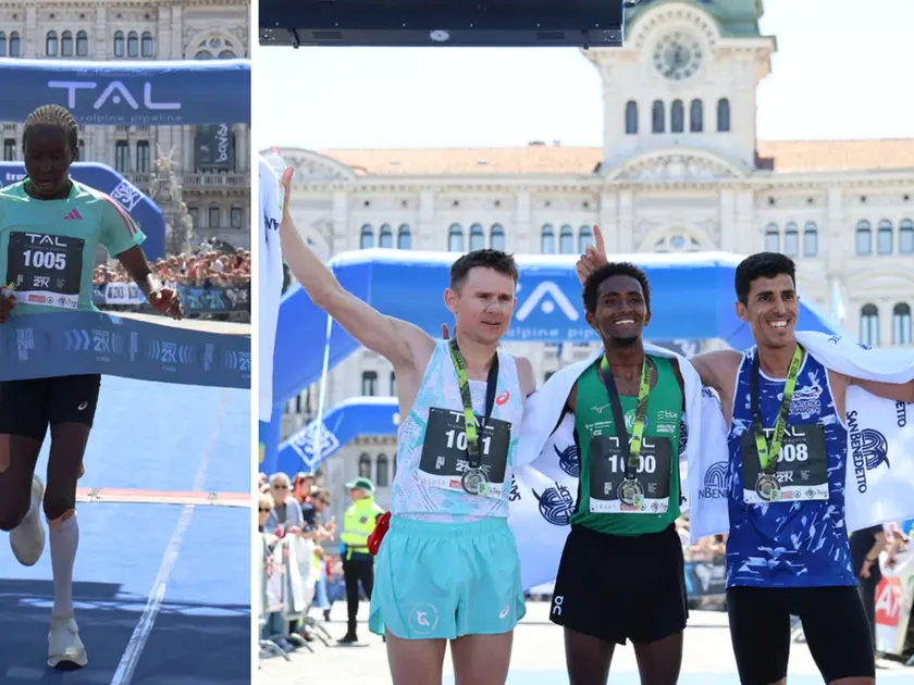 I vincitori della 21k alla Trieste Spring Run 2026. A sinistra la keniana Valentina Jepkoech Rutto, a destra i primi tre arrivati mella categoria maschile: Ademe Cuneo 1h06:1, Maxim Raileanu 1h06:15 e Abdoullah Bamoussa 1h06:23. Foto Lasorte