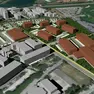 Il rendering dell’intervento: l’hotel (a destra), il supermercato (a sinistra) e in mezzo le palazzine residenziali