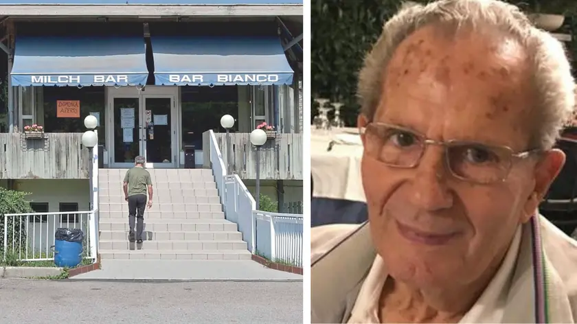 Il bar Bianco com'era a Duino, punto di riferimento per triestini e turisti. A destra Pelloni