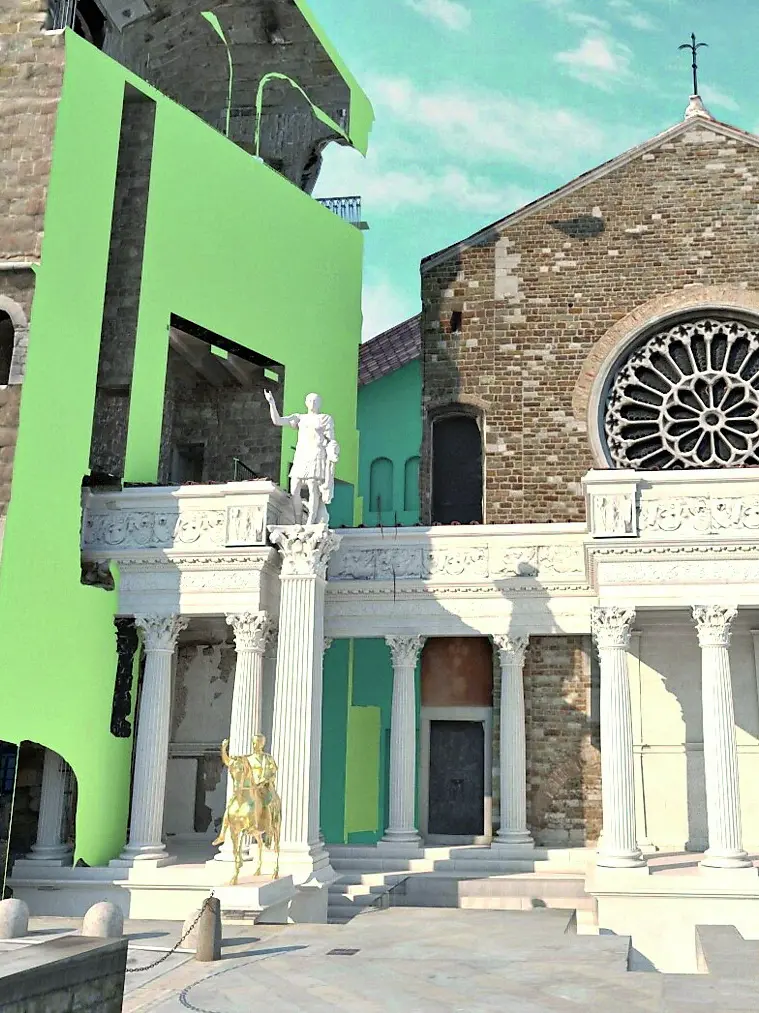 Una ricostruzione in 3d del propileo nel sito in cui si trova