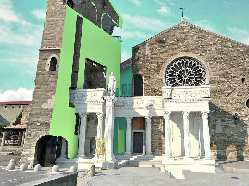 Una ricostruzione in 3d del propileo nel sito in cui si trova