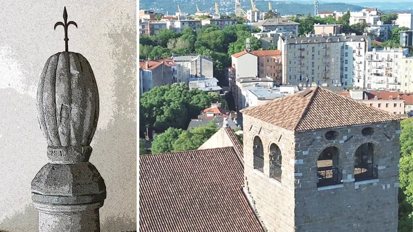 Il “melone” con l’alabarda sulla sommità e il tetto del campanile di San Giusto