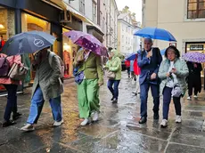 Un gruppo di turisti si ripara dalla pioggia in via San Sebastiano a Trieste (foto Andrea Lasorte)