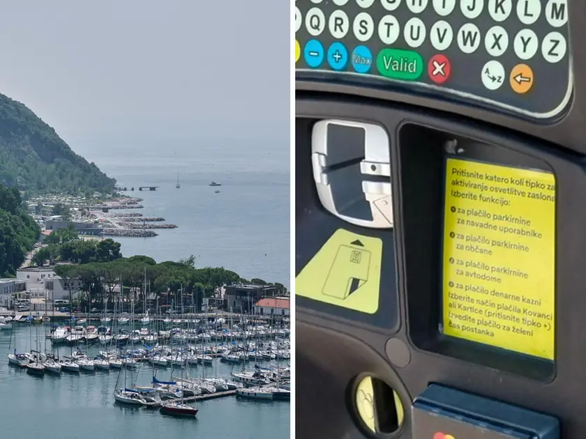 A sinistra la baia di Sistiana, a destra il parcometro con incollate le istruzioni in sloveno
