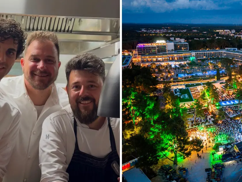 Matteo Metullio al centro in foto, a sinistra il sous chef Filippo Bellasio e a destra Goran Hrastovčak, il resident chef. A destra la festa al Pical