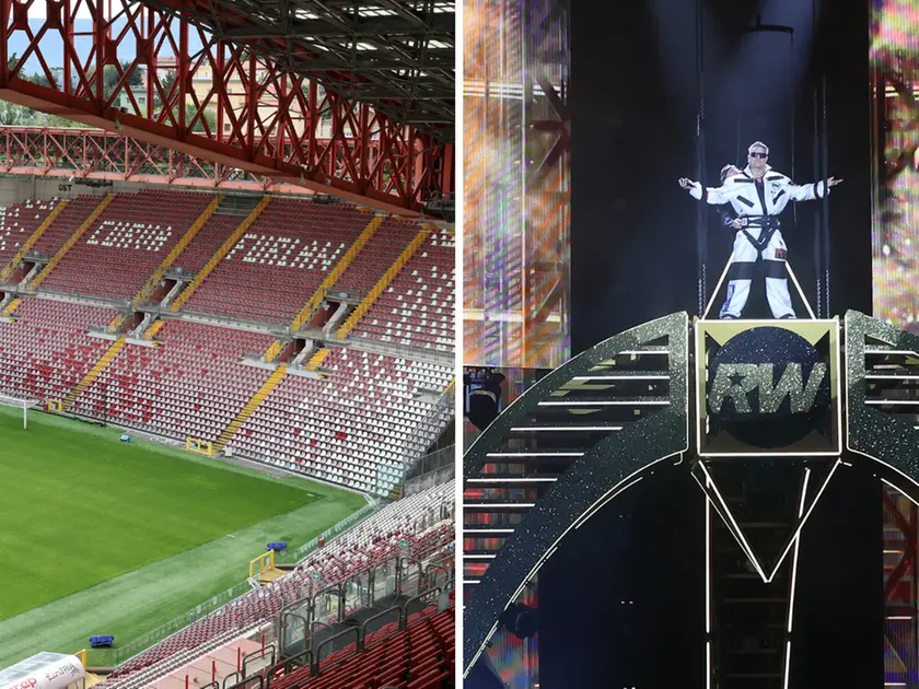 A sinistra lo stadio Rocco (foto Lasorte), a destra il concerto di Robbie Williams il 17 luglio dello scorso anno