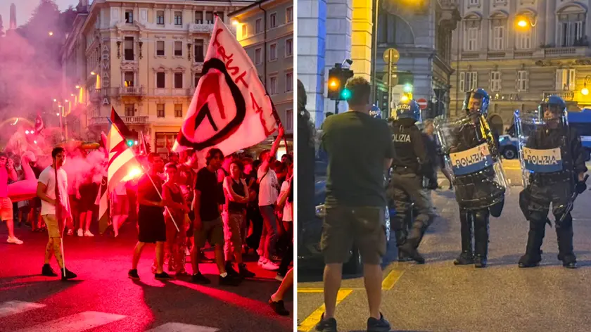 sinistra il corteo in piazza Goldoni, a destra il passaggio bloccato dalla Polizia (fotoservizio Massimo Silvano)