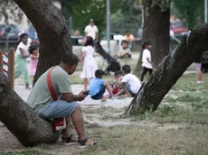 Un uomo seduto sul tronco di un albero osserva un gruppo di bambini che gioca nell'Area verde di Monfalcone. Foto servizio Bonaventura