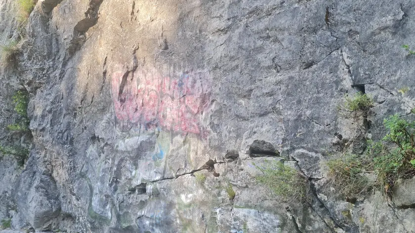 La vernice è penetrata nella pietra porosa della Val Rosandra