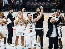 L’esultanza di Lodovico Deangeli (foto Basketball Champions League)