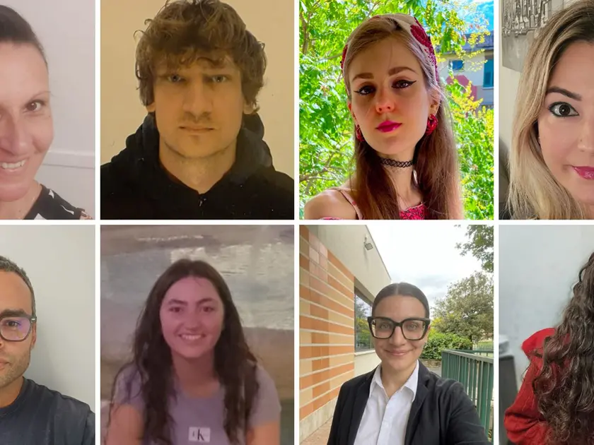 Da sinistra, in senso orario: Elisa Giorgi, Matteo Emili, Eleonora Lazzeri, Andrea Celeste Tomadin, Michele Biondani, Fiammetta Quaranta, Irene Stocchi e Fjolla Gjergjaj