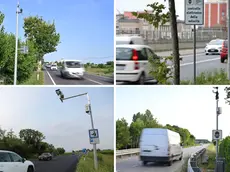 In senso orario, dall’alto a sinistra: i velox sulla Pontebbana a Codroipo, a Trieste, a Bertiolo sulla Ferrata e sulla Cimpello-Sequals