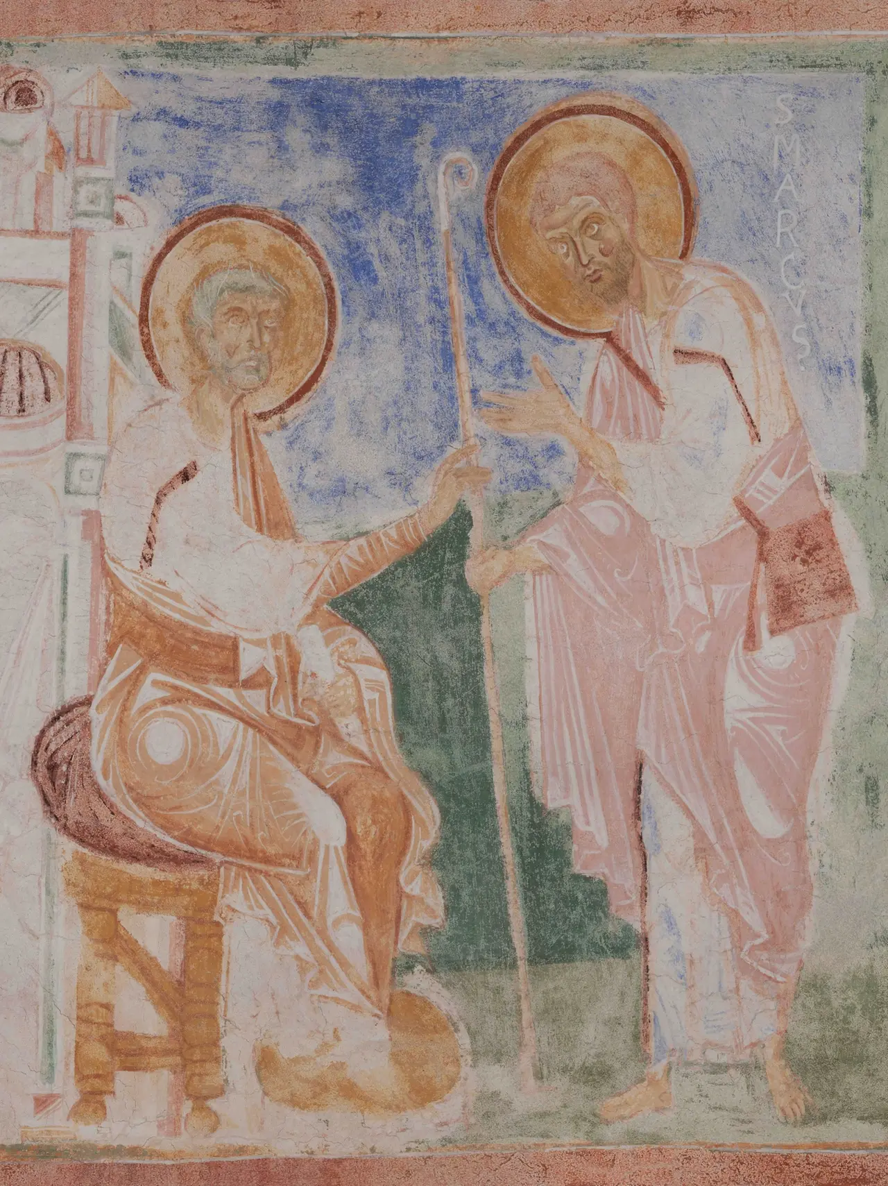 Le Storie di Marco nella Cripta di Aquileia (foto Makovac) e la predica di San Marco (foto Comune di Milano)