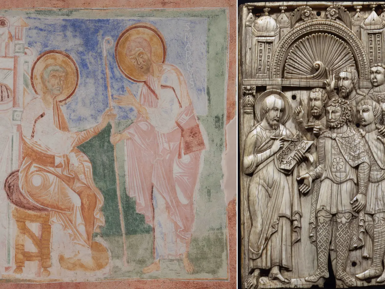 Le Storie di Marco nella Cripta di Aquileia (foto Makovac) e la predica di San Marco (foto Comune di Milano)