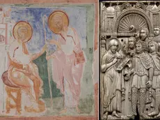 Le Storie di Marco nella Cripta di Aquileia (foto Makovac) e la predica di San Marco (foto Comune di Milano)
