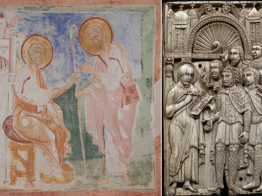 Le Storie di Marco nella Cripta di Aquileia (foto Makovac) e la predica di San Marco (foto Comune di Milano)