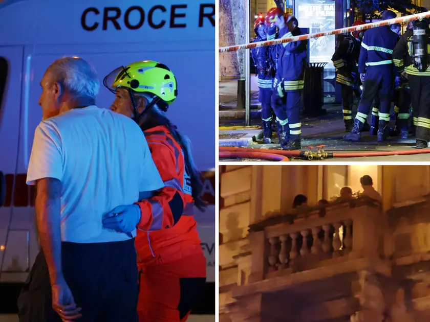 A sinistra un anziano soccorso, a destra in alto i pompieri sul posto, in basso le fiamme nell’appartamento (fotoservizio Andrea Lasorte)