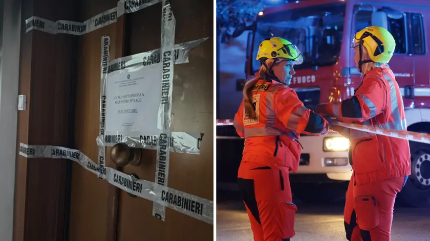 A sinistra l’appartamento sotto sequestro, a destra i soccorsi venerdì sera in via Battisti (foto Andrea Lasorte)