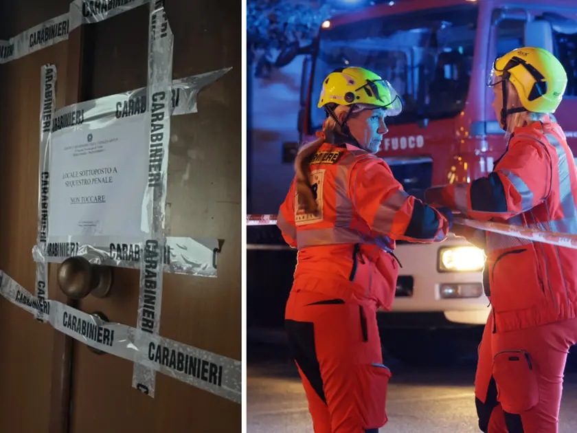 A sinistra l’appartamento sotto sequestro, a destra i soccorsi venerdì sera in via Battisti (foto Andrea Lasorte)