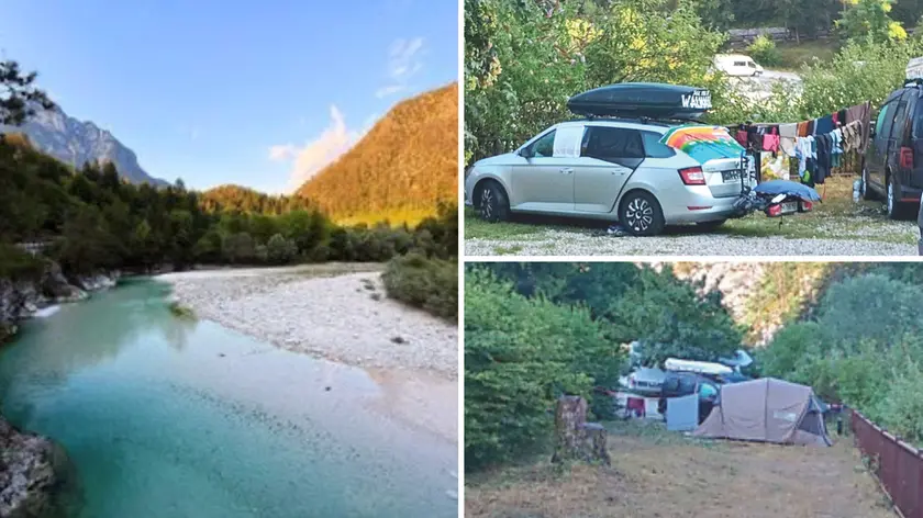 A sinistra la spiaggetta di Povici (foto Regione Fvg), a destra i turisti accampati nei pressi del torrente e nei boschi