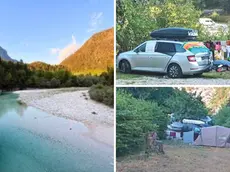 A sinistra la spiaggetta di Povici (foto Regione Fvg), a destra i turisti accampati nei pressi del torrente e nei boschi