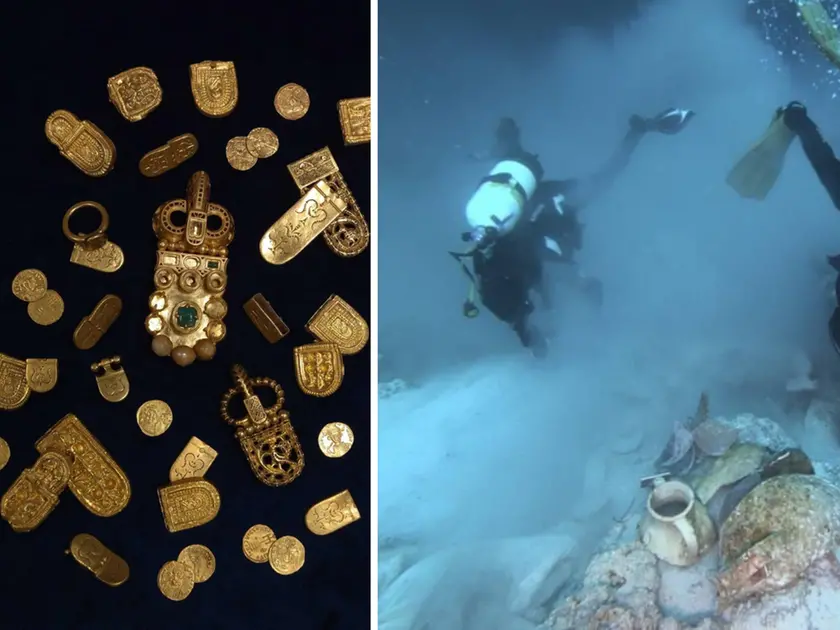 Alcuni degli oggetti ritrovati e archeosub in azione sul sito