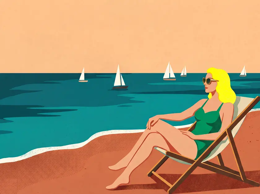 Estati in spiaggia in un’immagine che riecheggia i manfesti turistici in stile vintage del dopoguerra