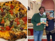 La pizza Gorizia presente nel menu e il titolare con il figlio Marco nella pizzeria