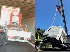 A sinistra il primo scontro, a destra la roulotte cappottata