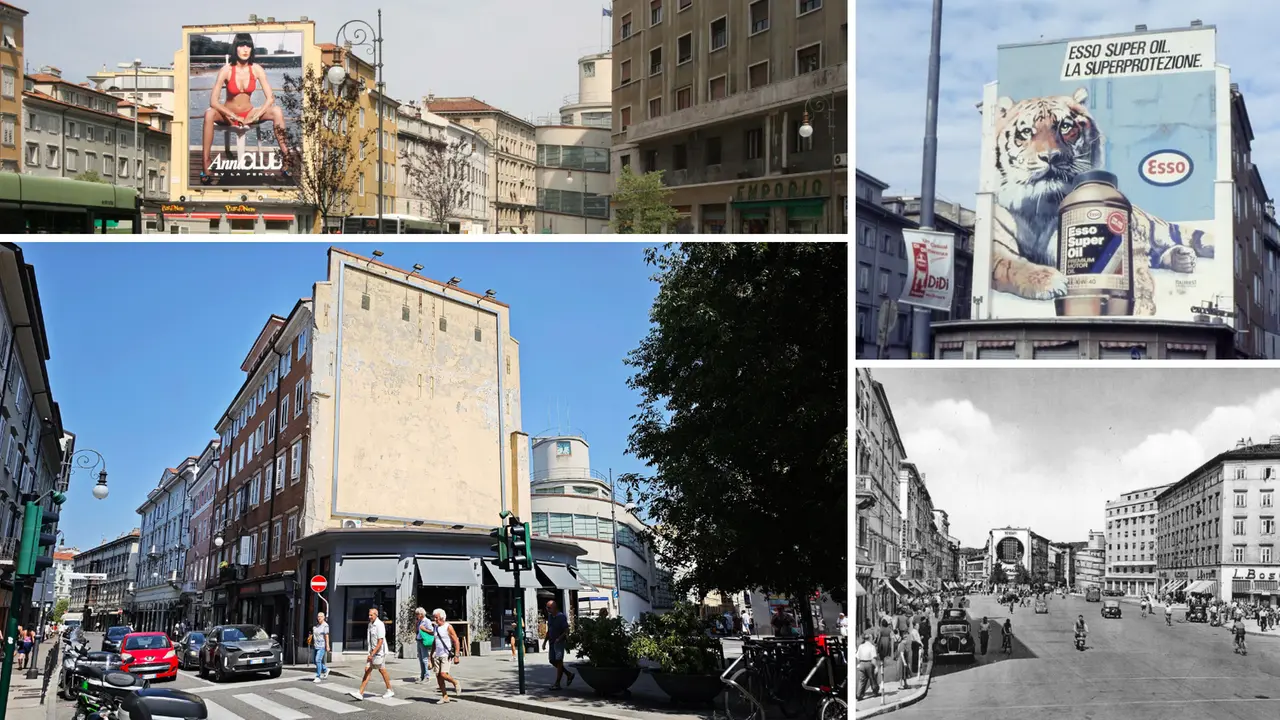 Le immagini della pubblicità ospitate nel corso del tempo e, nella foto grande, la parete vuota di largo Barriera Foto Andrea Lasorte