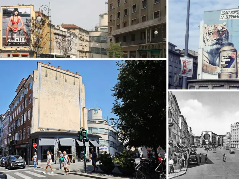 Le immagini della pubblicità ospitate nel corso del tempo e, nella foto grande, la parete vuota di largo Barriera Foto Andrea Lasorte