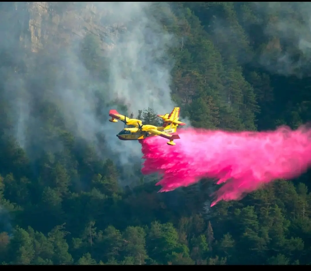 Il canadair in azione in Carnia (Foto Andrea Piussi)