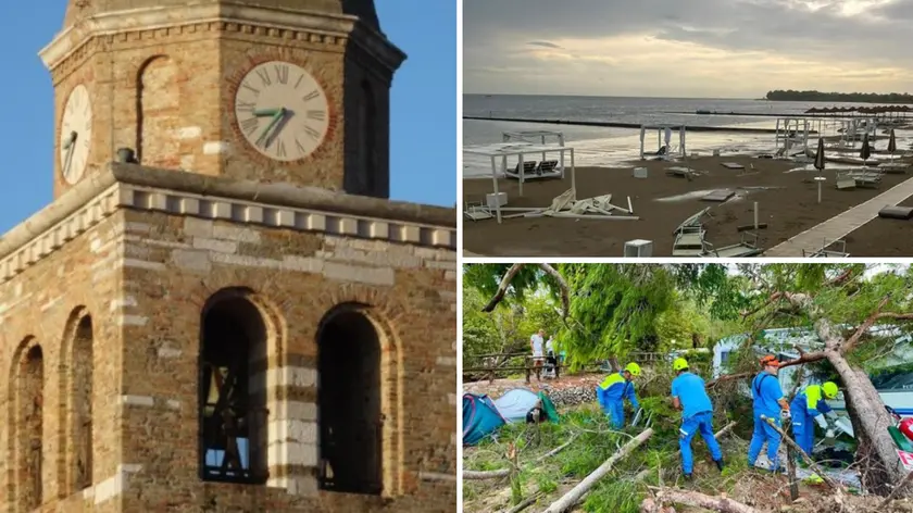 Da sinistra: il campanile della basilica patriarcale Sant'Eufemia di Grado, lo stabilimento balneare Club del Sole di Primero e i volontari in azione al campeggio Al Bosco di Grado dopo il maltempo