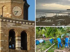 Da sinistra: il campanile della basilica patriarcale Sant'Eufemia di Grado, lo stabilimento balneare Club del Sole di Primero e i volontari in azione al campeggio Al Bosco di Grado dopo il maltempo