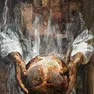 Il dettaglio delle mani e del pane dall'opera "Cena in Emmaus"