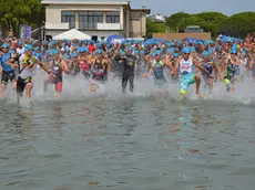 La spettacolare partenza della frazione a nuoto del Triathlon di Grado