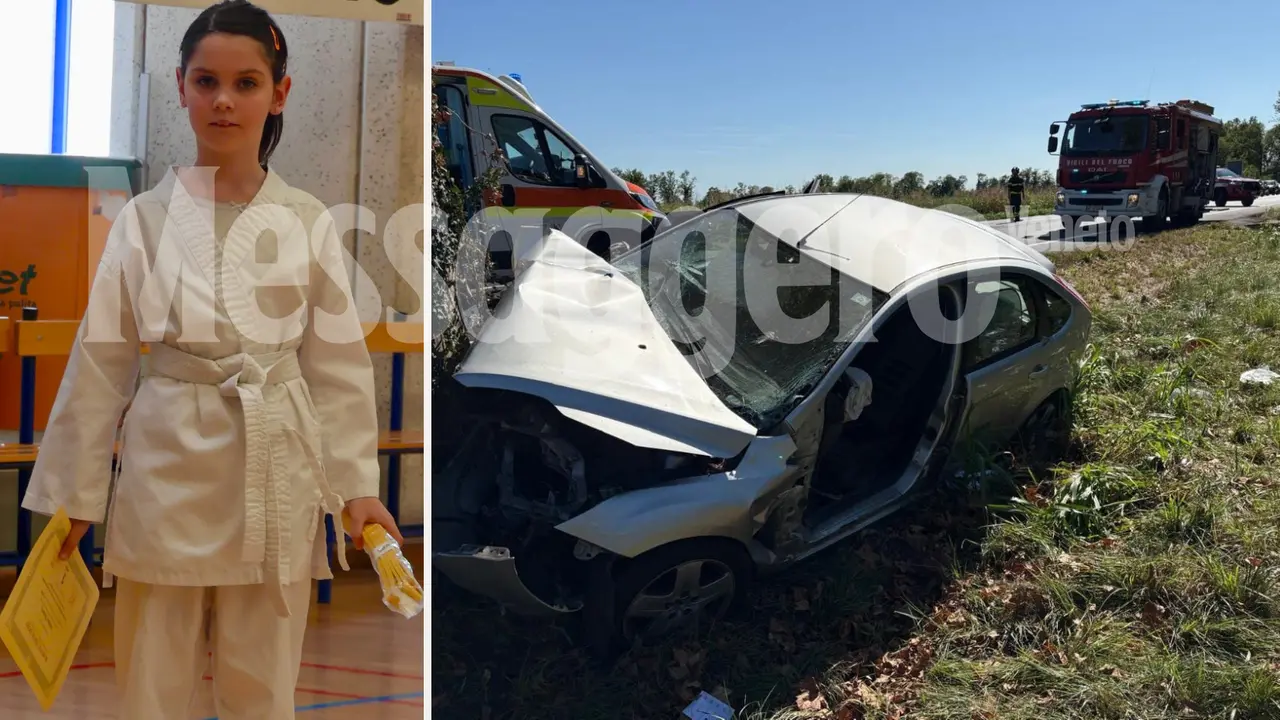 A sinistra la piccola Noemi Schiavo, morta a seguito dell'incidente sulla Pontebbana (a destra l'auto sulla quale viaggiava con il papà e la sorella)