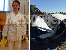 A sinistra la piccola Noemi Schiavo, morta a seguito dell'incidente sulla Pontebbana (a destra l'auto sulla quale viaggiava con il papà e la sorella)
